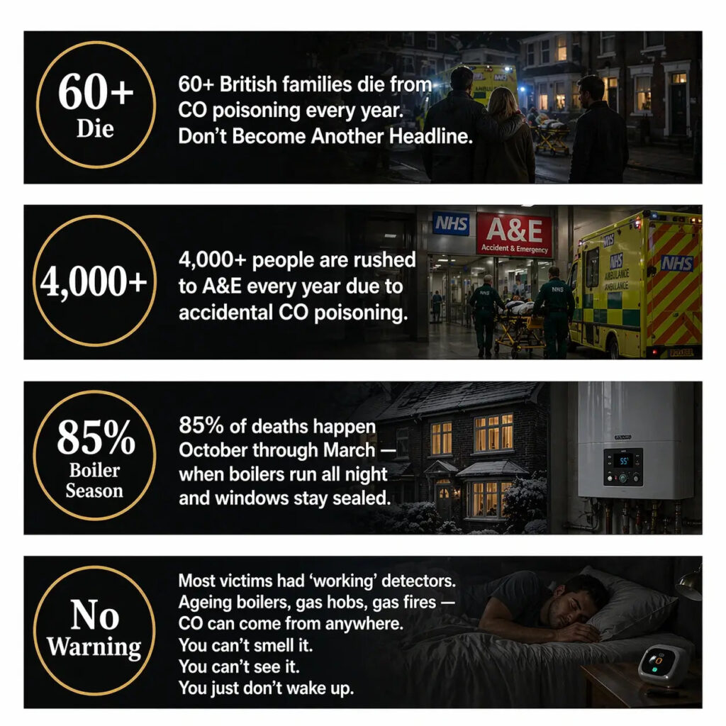 60+ British families die from CO poisoning every year; 4,000+ rushed to A&E; 85% of deaths happen in boiler season; most victims had working detectors