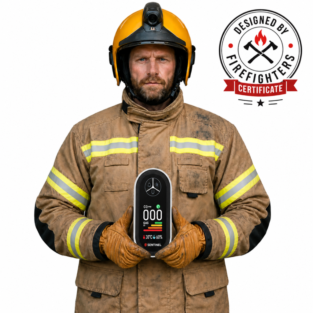 Firefighter holding the Sentinel detector, with a Designed by Firefighters certificate