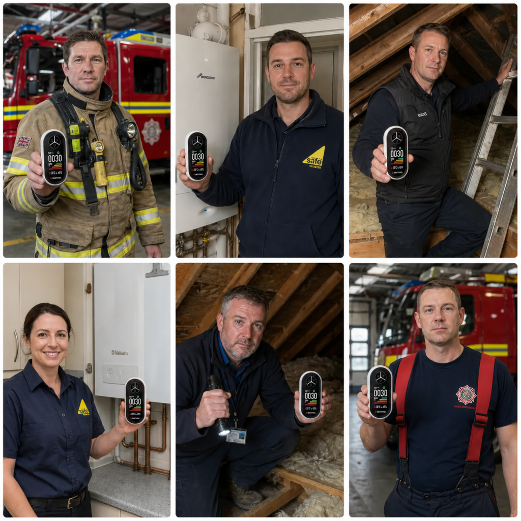 Firefighters and Gas Safe engineers holding Sentinel detectors