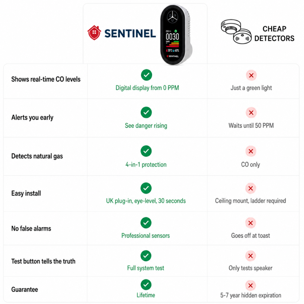 Sentinel vs cheap detectors: real-time CO levels, early alerts, natural gas detection, easy install, no false alarms, full system test, lifetime guarantee